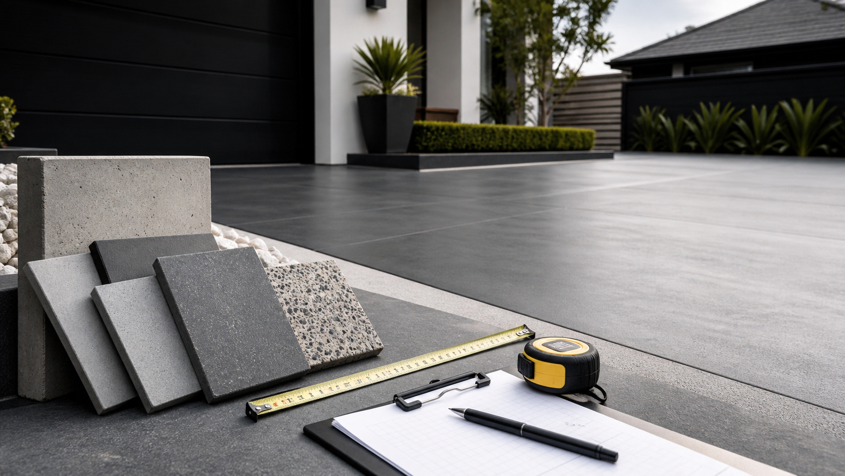 Concrete driveway guide planning scene with samples, tools, and a modern Auckland driveway