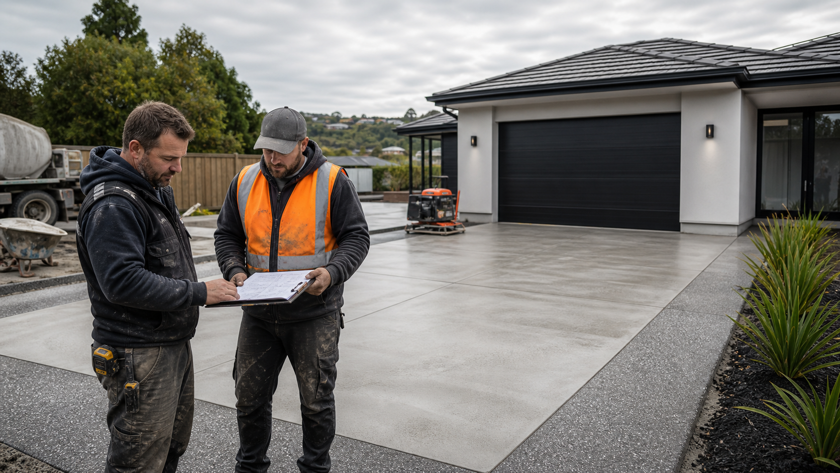 Two concrete contractors reviewing plans beside a finished Auckland driveway