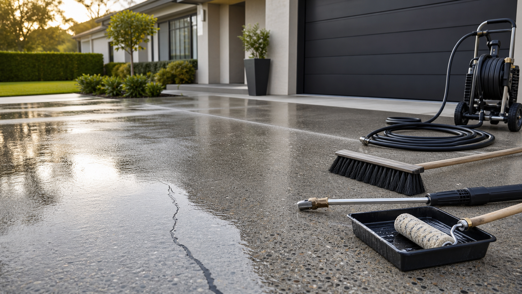 Concrete driveway maintenance tools arranged on a clean wet residential driveway