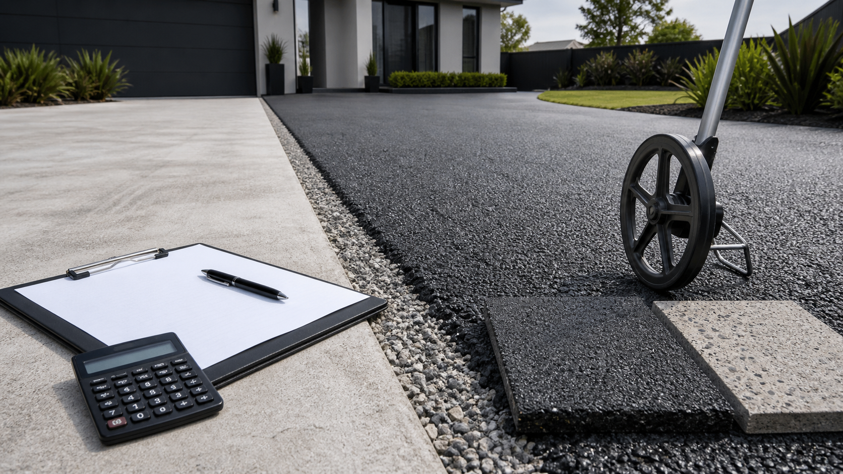 Hot mix asphalt and concrete driveway surface comparison with measuring tools